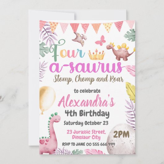 恐竜の4歳の誕生日パーティー フォー・ア・サウルス・パーティー 招待状 (正面)