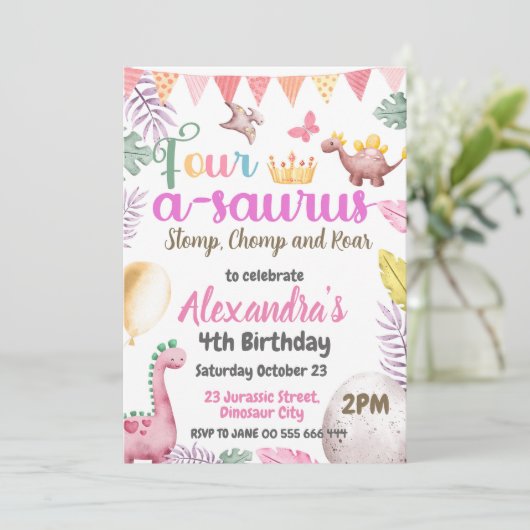 恐竜の4歳の誕生日パーティー フォー・ア・サウルス・パーティー 招待状 (スタンド正面)