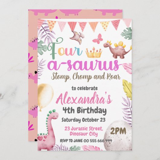 恐竜の4歳の誕生日パーティー フォー・ア・サウルス・パーティー 招待状 (正面/裏面)