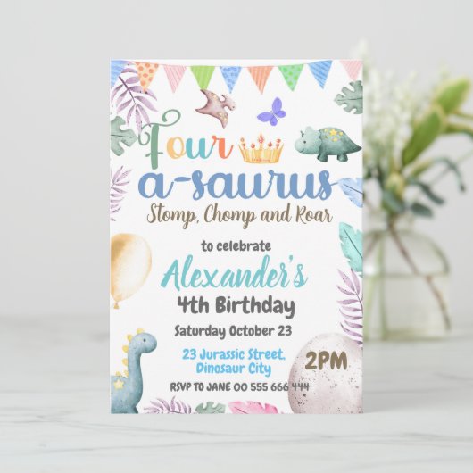 恐竜の4歳の誕生日パーティー フォー・ア・サウルス・パーティー 招待状 (スタンド正面)