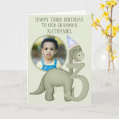 恐竜の1枚の写真用あなあき3歳の誕生日カード カード (黄色い花)