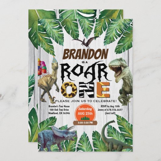 恐竜の1歳の誕生日の招待、ロア·ワンジュラ紀 招待状 (正面/裏面)