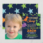 恐竜の1歳の誕生日パーティーボーイストンプチョンプロアール 招待状 (正面/裏面)