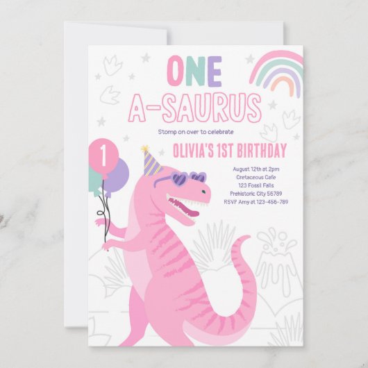 恐竜の1歳の誕生日パーティー ティーレックス 招待状 (正面)