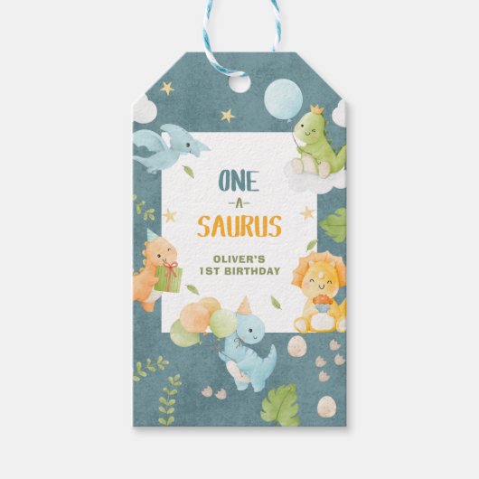恐竜の1歳の誕生日パーティー One-A-Saurus ギフトタグ (正面)