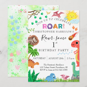 恐竜の1歳の誕生日パーティー Rawr-some Dinosaur 1st Birthday Par 招待状