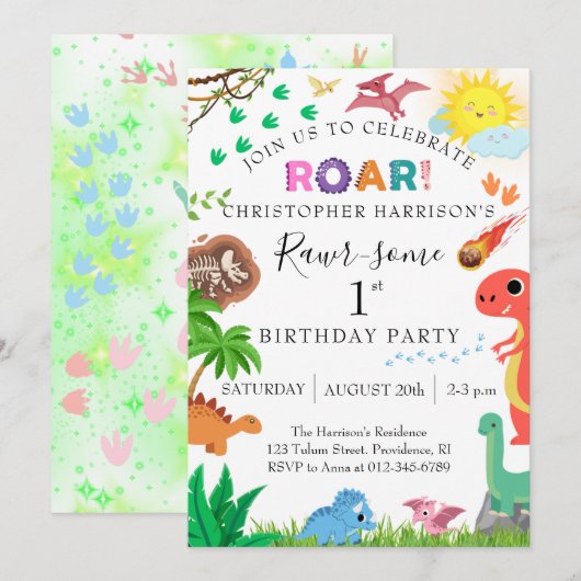 恐竜の1歳の誕生日パーティー Rawr-some Dinosaur 1st Birthday Par 招待状 (正面/裏面)