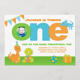 恐竜の1歳の誕生日招待状5x7フォトカード 招待状