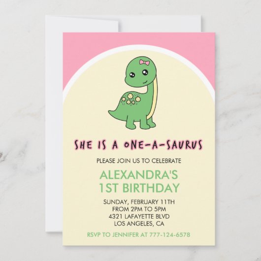 恐竜の1歳の誕生日招待状 女の子 one a saurus 招待状 (正面)