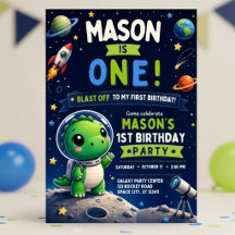 恐竜の1歳の誕生日招待状 男の子 スペース
