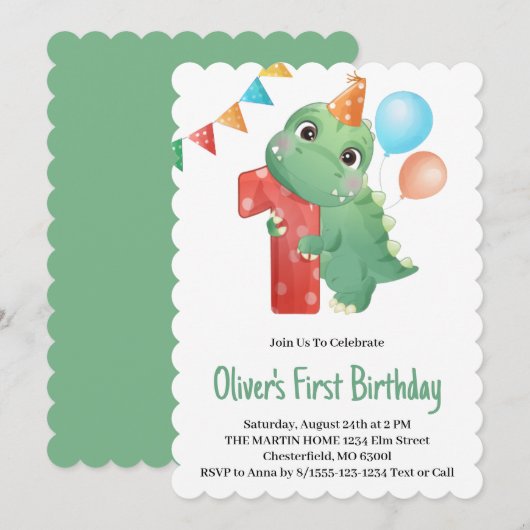 恐竜の1歳誕生日パーティー招待状 招待状 (正面/裏面)