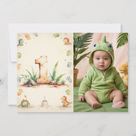 恐竜の1歳誕生日感謝カード（写真付き） 招待状 (正面)
