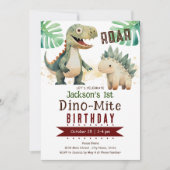 恐竜の1歳誕生日水彩画 招待状 (正面)
