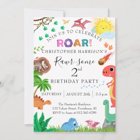 恐竜の2歳の誕生日パーティーにRawr-some! 招待状 (正面)