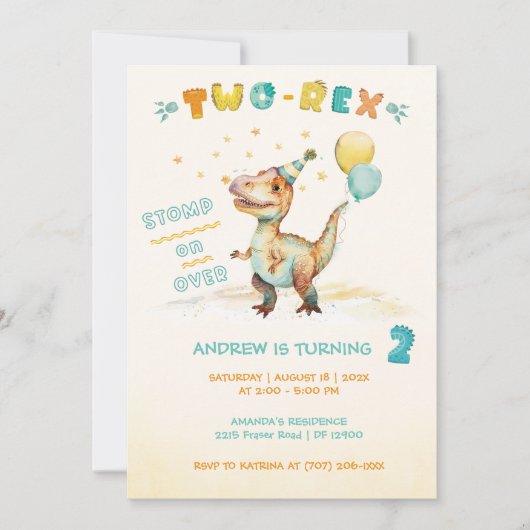 恐竜の2歳誕生日パーティーをオーダーメイド 招待状 (正面)