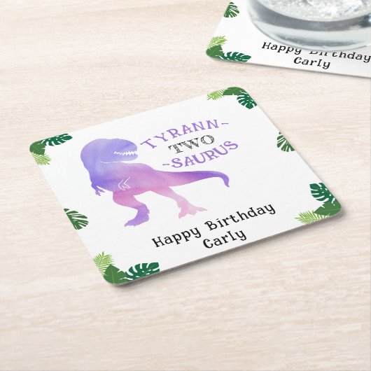 恐竜の2番目の誕生日パープルティラノサウルスレックス スクエアペーパーコースター (アングル)