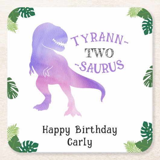 恐竜の2番目の誕生日パープルティラノサウルスレックス スクエアペーパーコースター (正面)