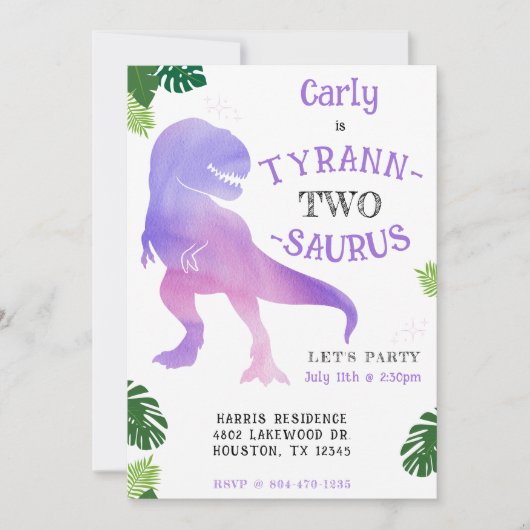 恐竜の2番目の誕生日パープルティラノサウルスレックス 招待状 (正面)