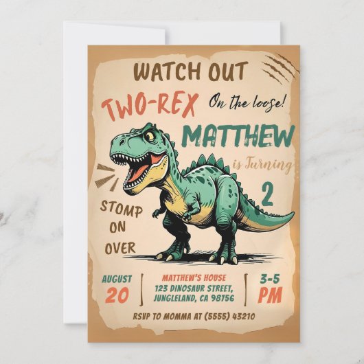 恐竜の2番目の誕生日招待状、2つのレックス誕生日 招待状 (正面)