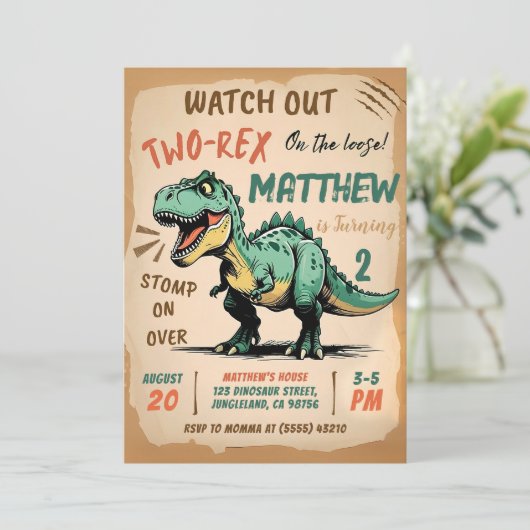 恐竜の2番目の誕生日招待状、2つのレックス誕生日 招待状 (スタンド正面)
