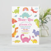 恐竜の3つのレックス かわいい女の子 ピンクパーティー 招待状 (スタンド正面)