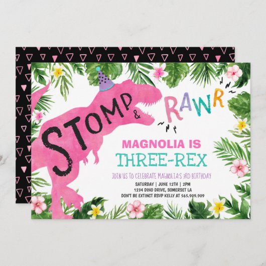 恐竜の3レックスの誕生日の招待状の女の子ディーノ 招待状 (正面/裏面)