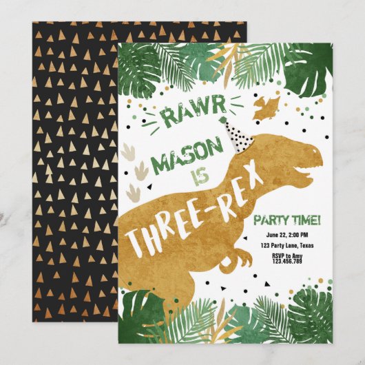 恐竜の3レックスのTレックスRAWRの金ゴールドの男の子の誕生日 招待状 (正面/裏面)
