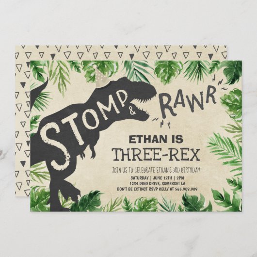 恐竜の3レックス誕生日招待状ボーイディノ 招待状 (正面/裏面)