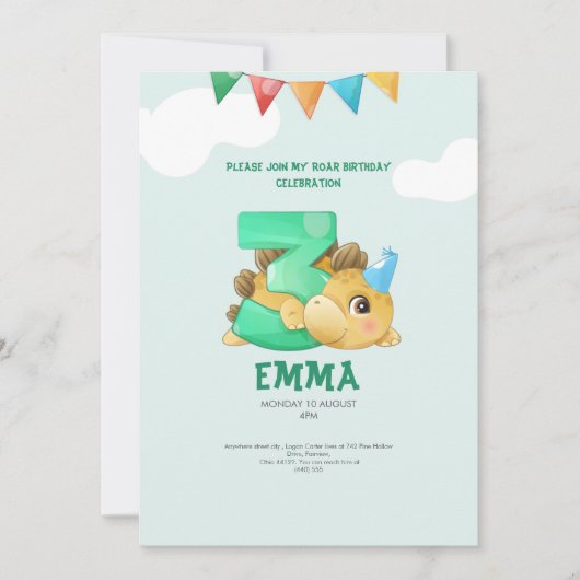 恐竜の3歳の誕生日の子供の招待 招待状 (正面)