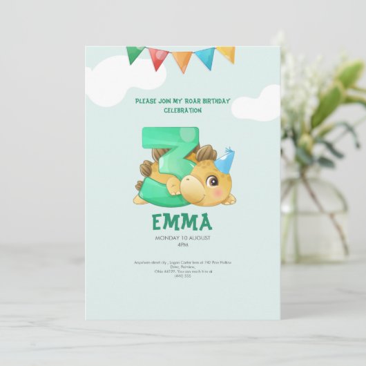 恐竜の3歳の誕生日の子供の招待 招待状 (スタンド正面)