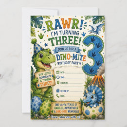 恐竜の3歳の誕生日パーティーの招待状 Dino-Mite 招待状