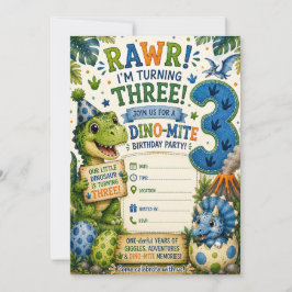 恐竜の3歳の誕生日パーティーの招待状 Dino-Mite 招待状