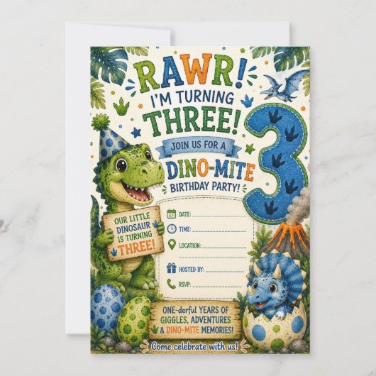 恐竜の3歳の誕生日パーティーの招待状 Dino-Mite 招待状 (正面)