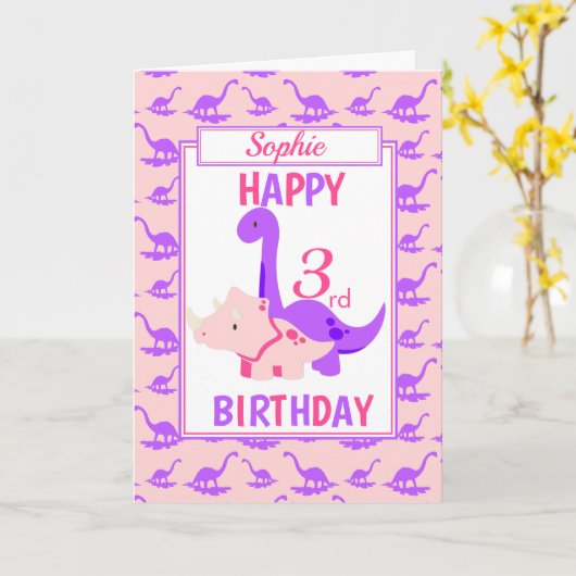 恐竜の3歳誕生日ピンク カード (黄色い花)