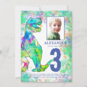 恐竜の3番目の誕生日パーティーフォトブルー 招待状 (正面)