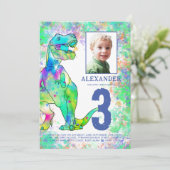 恐竜の3番目の誕生日パーティーフォトブルー 招待状 (スタンド正面)