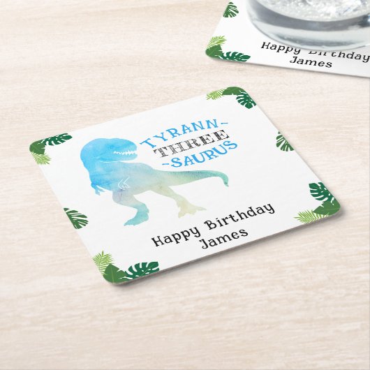 恐竜の3番目の誕生日パーティーブルーティラノサウルスレックス スクエアペーパーコースター (アングル)