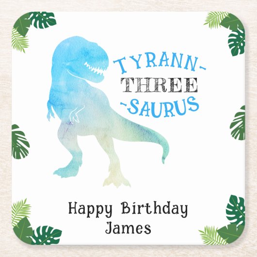 恐竜の3番目の誕生日パーティーブルーティラノサウルスレックス スクエアペーパーコースター (正面)