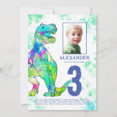 恐竜の3番目の誕生日パーティー写真 招待状 (正面)