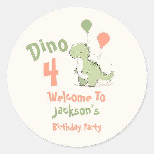 恐竜の4歳の誕生日パーティーのウェルカム ラウンドシール (正面)