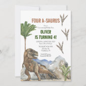 恐竜の4歳誕生日パーティー招待状 セーブザデート (正面)