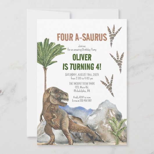 恐竜の4歳誕生日パーティー招待状 セーブザデート (正面)