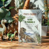 恐竜の4歳誕生日パーティー招待状 セーブザデート