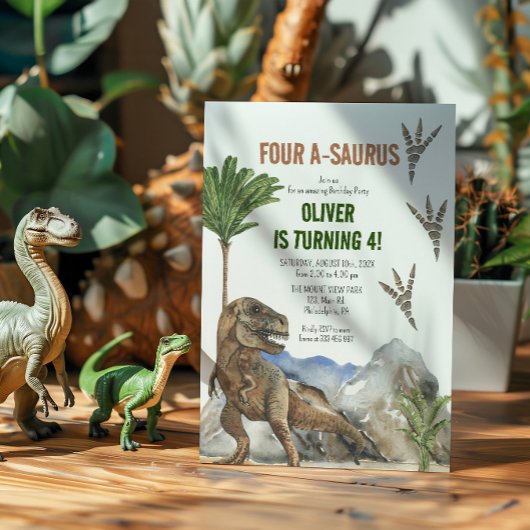 恐竜の4歳誕生日パーティー招待状 セーブザデート