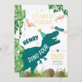 恐竜の4歳誕生日パーティー招待状 ティーレックス恐竜 招待状 (正面/裏面)
