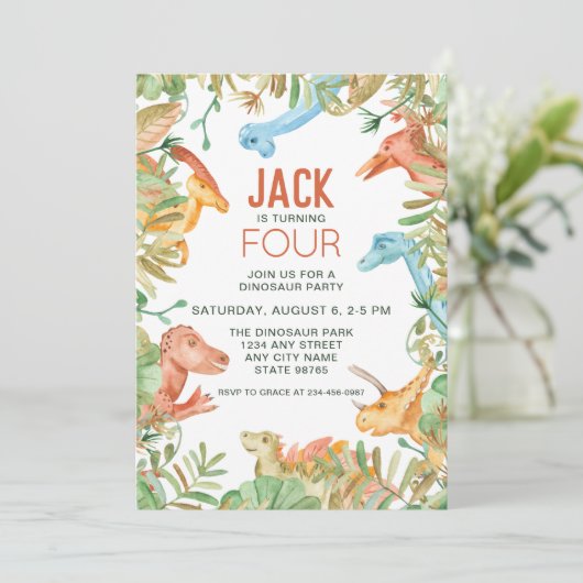 恐竜の4番目の誕生日パーティーの招待状 招待状 (スタンド正面)