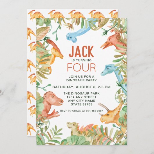 恐竜の4番目の誕生日パーティーの招待状 招待状 (正面/裏面)