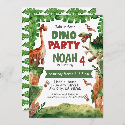 恐竜の4番目の誕生日パーティーの招待状 招待状 (正面/裏面)
