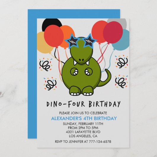 恐竜の4th誕生日の子供のおもしろい気球tレックス 招待状 (正面/裏面)