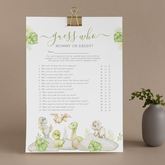 恐竜の「誰かな？」ベビーシャワーゲーム チラシ